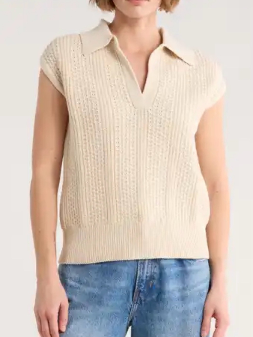 Elie Tahari Cream V-Neck Sleeveless Polo Knit Sweater